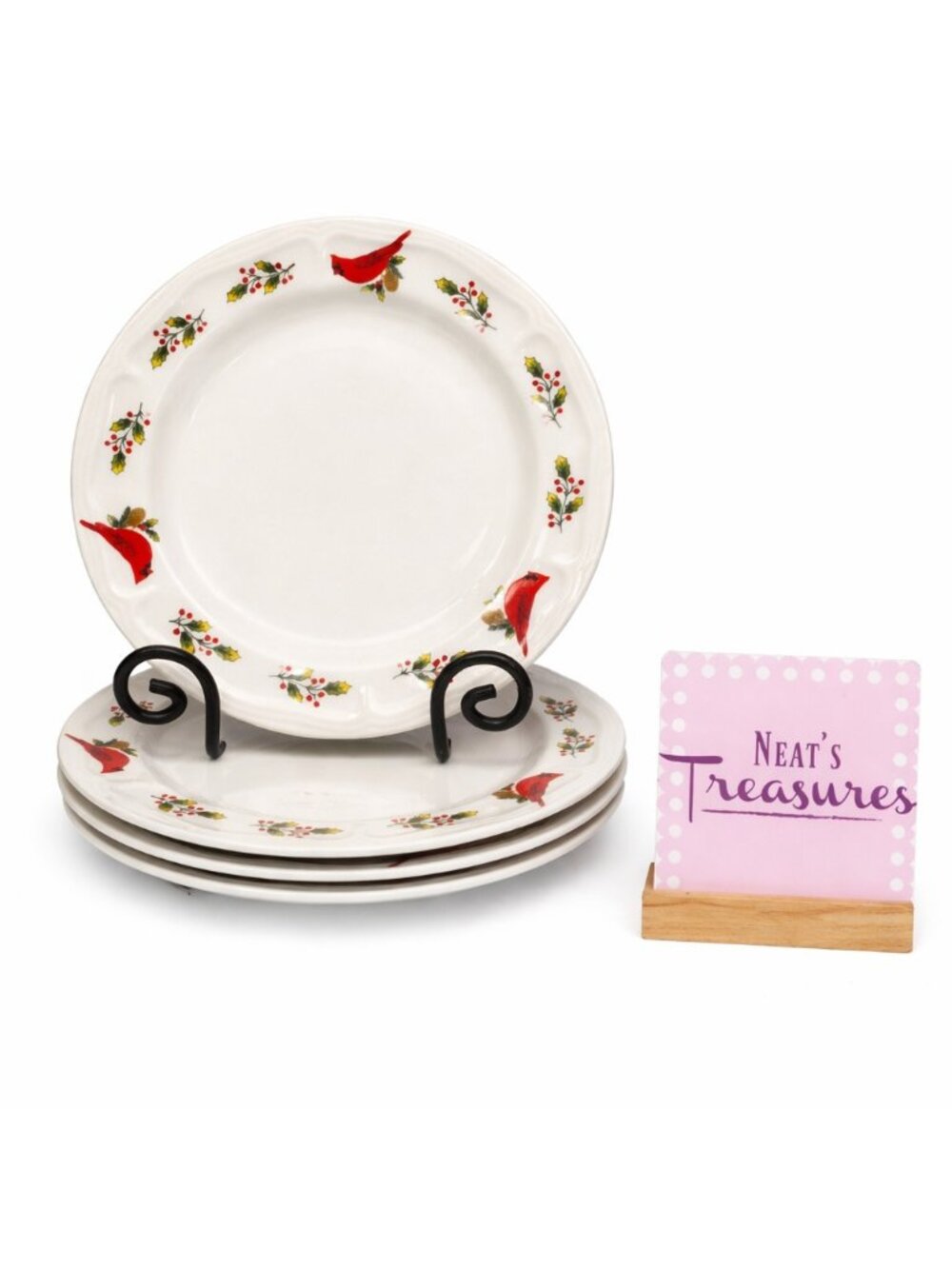 70s Gibson WINTER BIRDS Red Cardinal Holly Oven Safe Ceramic Dinner Plates Set 4